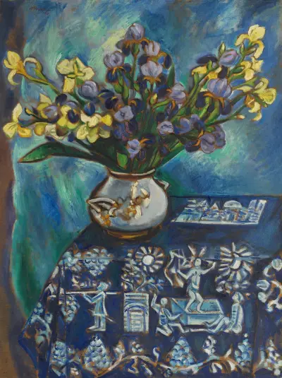 Den blå filten (Stilleben i blått) (Blomstilleben) av Hermann Max Pechstein