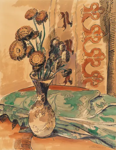 Blumenstillleben mit grüner Decke von Hermann Max Pechstein