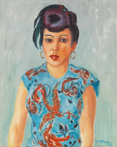Portrait of Freda Wermel in a blue blouse, Hermann Max Pechstein