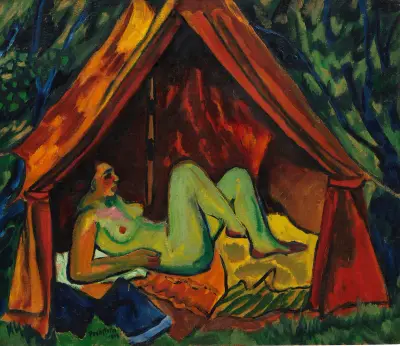 Red Tent with Female Nude – Danae av Hermann Max Pechstein
