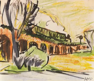 Train on viaduct, Hermann Max Pechstein
