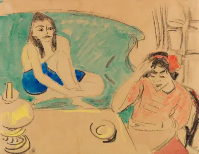 Two girls at the table av Hermann Max Pechstein