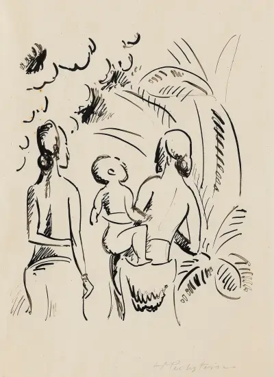 Two island women with a child, Hermann Max Pechstein