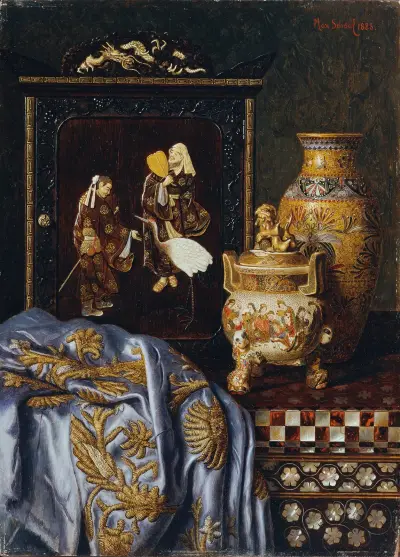 Stillleben mit japanischen Kunstgegenständen av Max Schödl