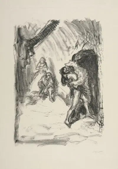 Hawkeye dressed up as a bear fighting with Magua av Max Slevogt