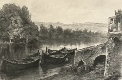 Boote an einem steinernen Flussanleger von Maxime Lalanne