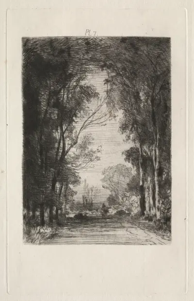 Wanderer auf einem Weg im Wald von Maxime Lalanne