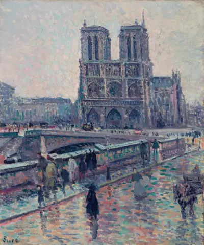 Seinens flodbanker med Notre-Dame i regn av Maximilien Luce