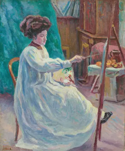 Porträtt av Madame Jourdan i sin ateljé av Maximilien Luce