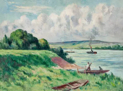 Rolleboise, båtar och bogserbåt på floden av Maximilien Luce