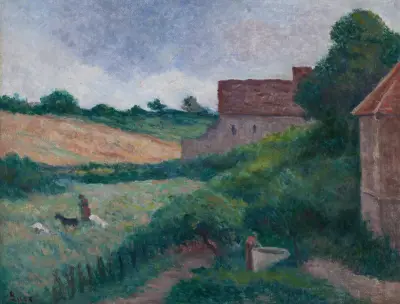 Rolleboise, Les Fermes ou La chevrière et la fermière près du puits av Maximilien Luce