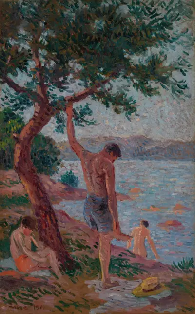 Saint-Tropez, badande under pinjerna av Maximilien Luce
