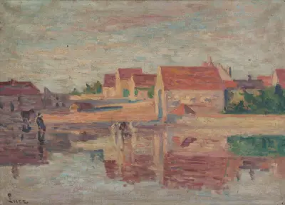 Village au bord d’une rivière av Maximilien Luce