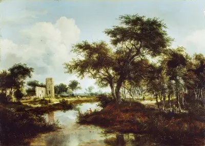 A Ruin on the Bank of a River av Meindert Hobbema