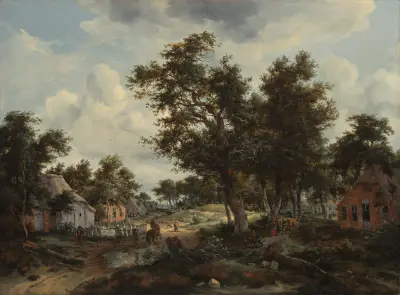 A Wooded Landscape with Travelers on a Path through a Hamlet av Meindert Hobbema
