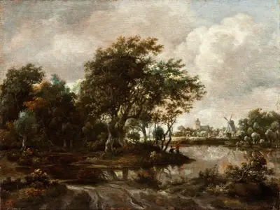 Landscape with Anglers and a Distant Town av Meindert Hobbema