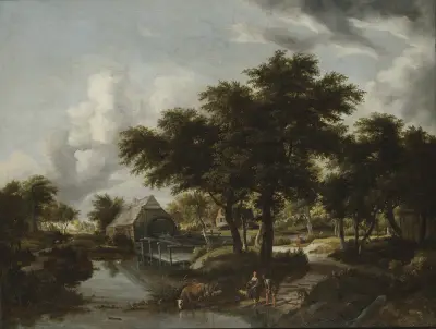 Wooded Landscape with a Watermill av Meindert Hobbema