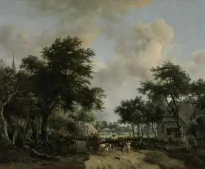 Wooded Landscape with Merrymakers in a Cart av Meindert Hobbema