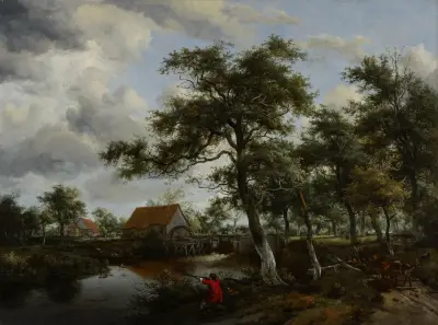 Wooded Landscape with Watermill av Meindert Hobbema