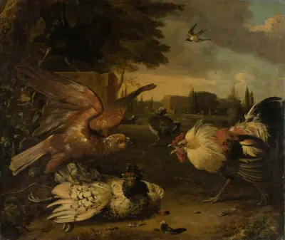 A Cock Defends a Hen from an Attacking Bird of Prey av Melchior d'Hondecoeter