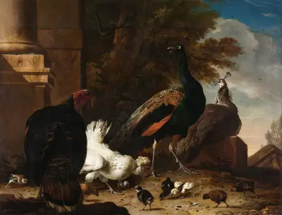 A Hen with Peacocks and a Turkey av Melchior d'Hondecoeter