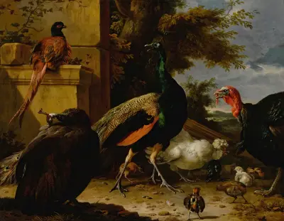 A peacock, pea-hen, pheasant, turkey, cockerel and chick by a wall, a landscape beyond av Melchior d'Hondecoeter