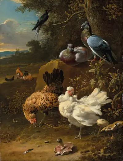 Chickens and pigeons in a landscape av Melchior d'Hondecoeter