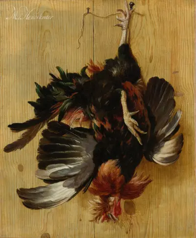 Dead Cock Hanging from a Nail av Melchior d'Hondecoeter