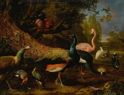 Exotic fowl, including a peacock and peahen, flamingo, African crane, pheasant, and lapwing, shoveller, pelican and tufted duck av Melchior d'Hondecoeter