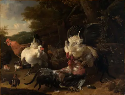 Kämpfende Hähne av Melchior d'Hondecoeter