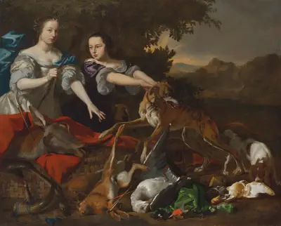 Portrait of a lady in as the goddess Diana and her attendant, with the spoils of the chase av Melchior d'Hondecoeter