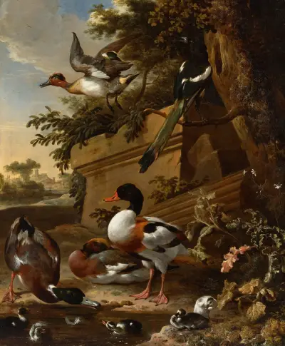 Sheldrake ducks and ducklings with a magpie in a garden, a village beyond av Melchior d'Hondecoeter