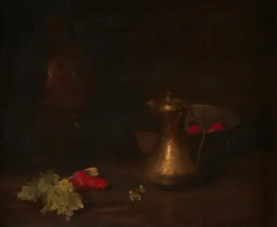 Stillleben mit Messingkanne, Metallschale, Salat und roten Paprikaschoten von William Merritt Chase