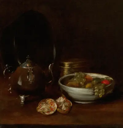 Stilleben med tekanna och frukt av William Merritt Chase