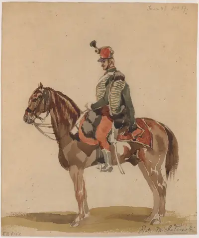 Austrian Hussar on a bay horse av Piotr Michałowski