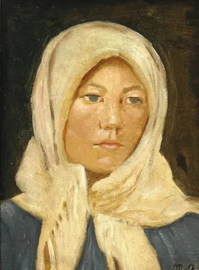 En ung skagenspige med tørklæde av Michael Ancher