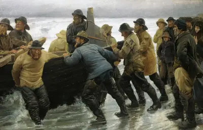 Fishermen launching a rowing boat av Michael Ancher