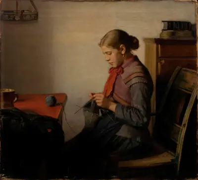 Skagenmädchen, Maren Sofie, strickend von Michael Ancher