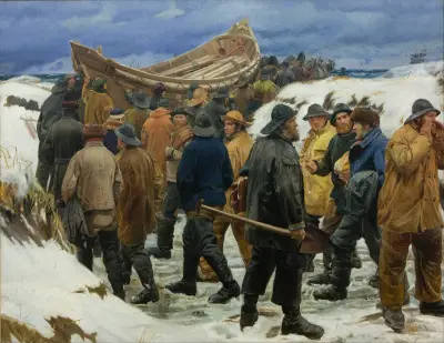 Łódź ratunkowa przeciągana przez wydmy, Michael Ancher