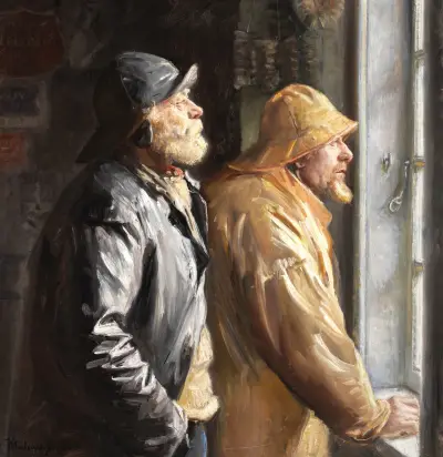 Zwei Fischer am Fenster im Laden von Michael Ancher