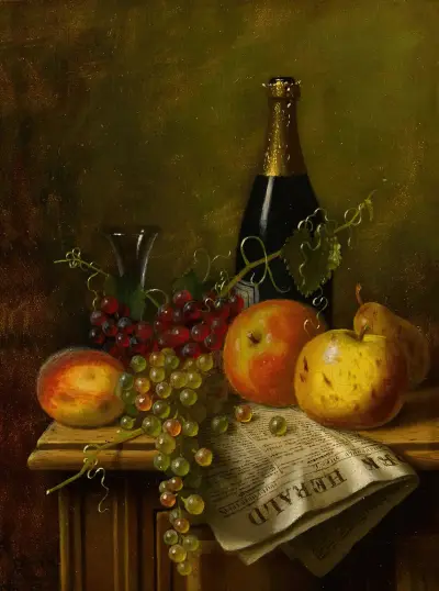 Still Life with Fruit, Champagne Bottle and Newspaper av William Michael Harnett