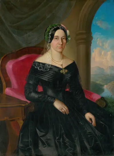 Bildnis einer sitzenden Dame mit Landschaft im Hintergrund von Peter Michal Bohúň
