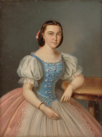 Porträt einer sitzenden jungen Frau im blauen Camisole von Peter Michal Bohúň