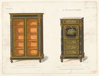 Louis XVI-bibliotek (lister och brons); Louis XVI-chiffonjé (marketeri i koppar) av Victor Léon Michel Quétin