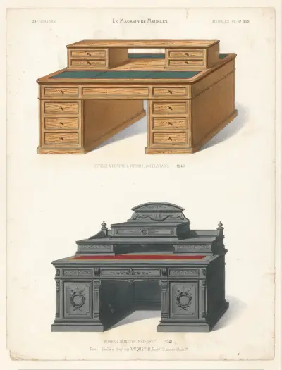 Ministerskrivbord med lådor, dubbelsidigt; Ministerskrivbord, nygrekisk stil av Victor Léon Michel Quétin