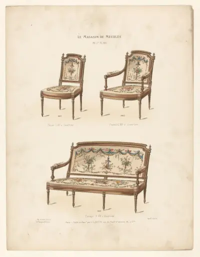 Chaise L. XVI à Gaudrons ; Fauteuil L. XVI à Gaudrons ; Canapé L. XVI à Gaudrons av Victor Léon Michel Quétin