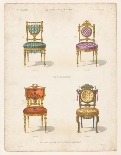 Chaises de fantaisie ; Louis XVI ; Louis XIV ; Chinoise av Victor Léon Michel Quétin