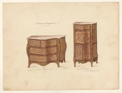 Byrå Louis XV. Marketeri och brons; Chiffonnier Louis XV. Marketeri och brons av Victor Léon Michel Quétin