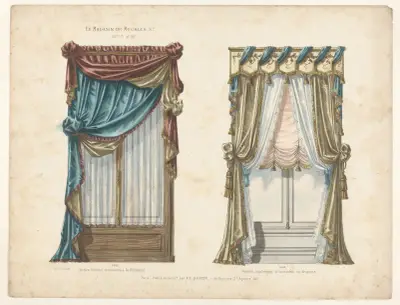 Fönster med festonger uppdragna, à la Méternick ; fönsterlambrequin med tvinnade draperingar av Victor Léon Michel Quétin