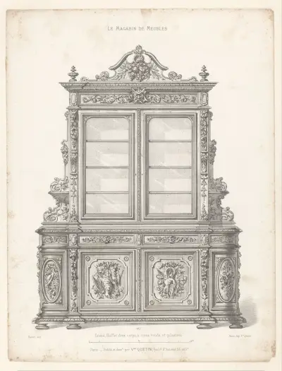 Grand Buffet deux corps, à coins ronds et pilastres av Victor Léon Michel Quétin
